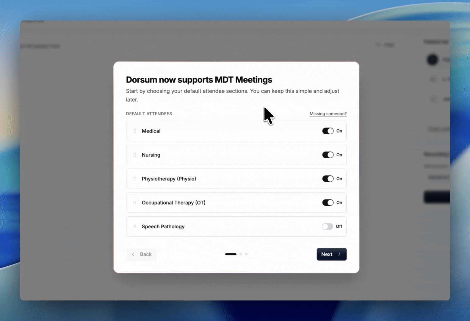 MDT attendee defaults setup placeholder